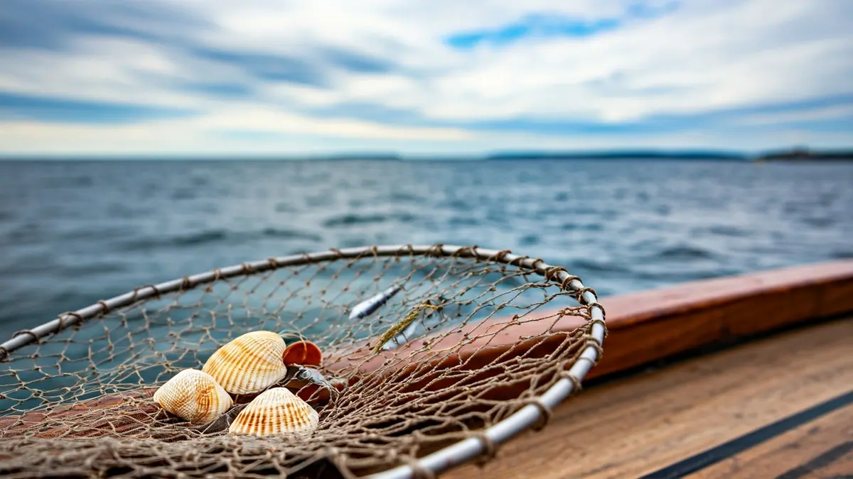 Imaxe xenérica dunha rede de pesca con cunchas e peixes, sobre a cuberta dun barco.