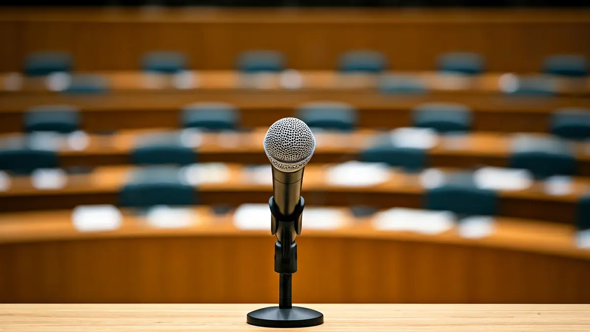 Imagen genérica de un micrófono en un podio en una sala de reuniones vacía.