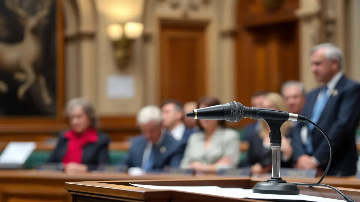 Imaxe xenérica dun micrófono nun podio, representando un debate político.