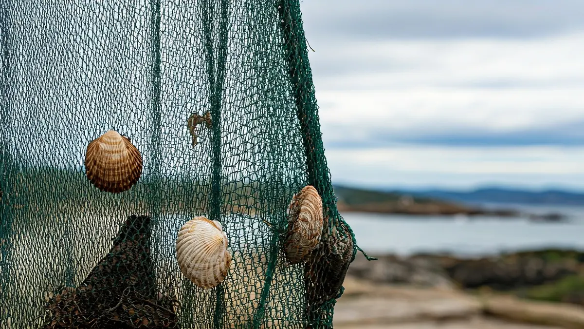 Imaxe dunha rede de pesca con cunchas e restos mariños, simbolizando a situación das mariscadoras.