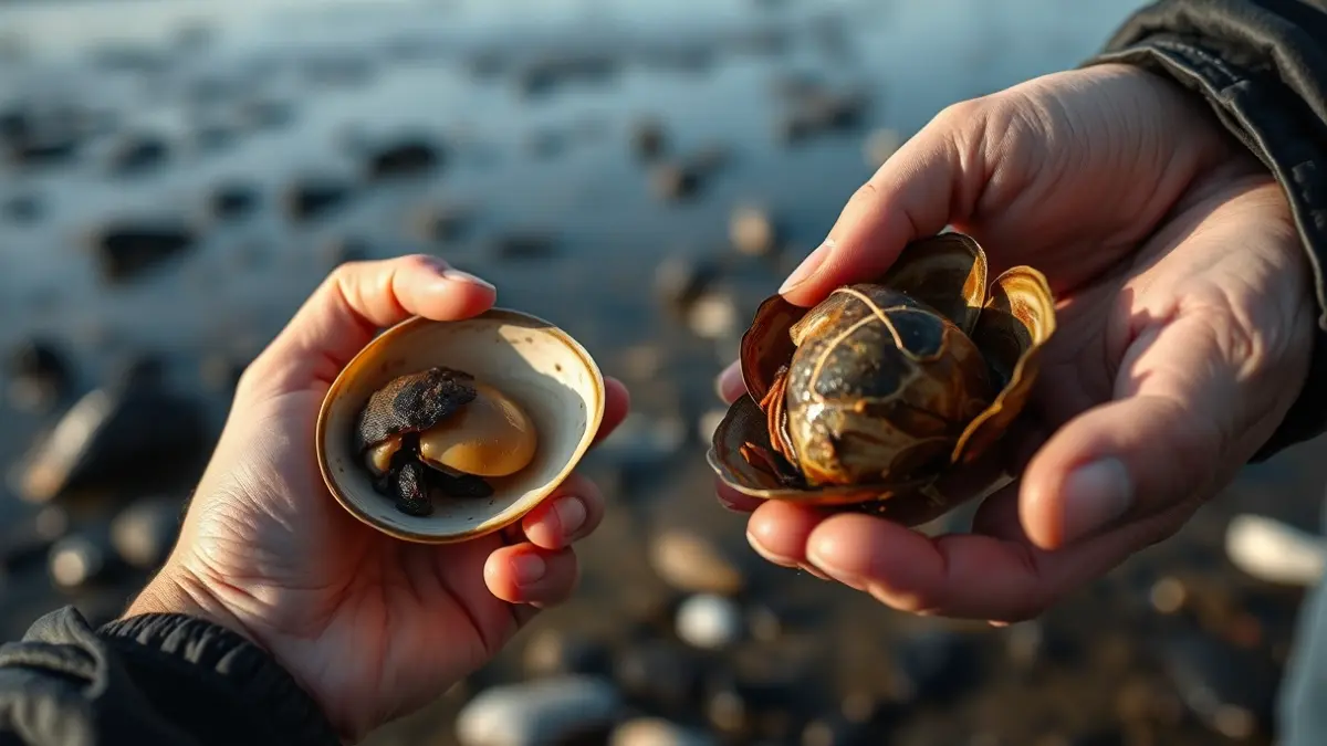 Imagen de una mano sosteniendo un berberecho y otra una almeja, con fondo borroso de una ría gallega.