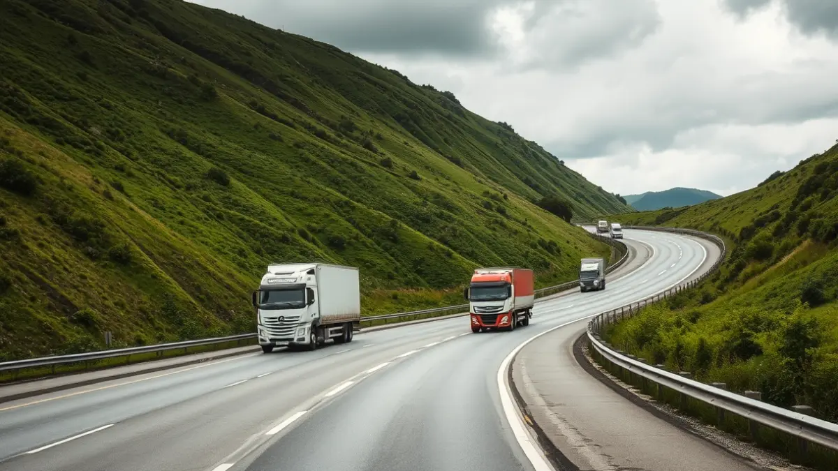 Imagen genérica de una carretera con tráfico pesado y curvas en un paisaje gallego.