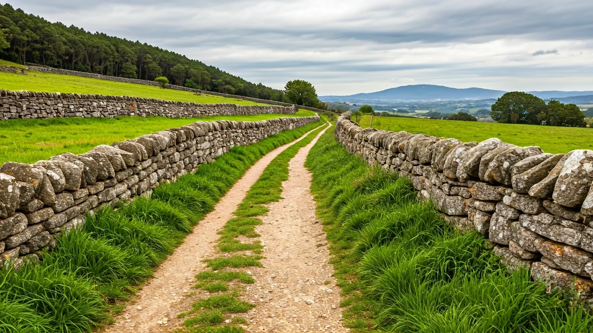 Imagen del Camino Portugués en Galicia, con paisajes verdes y muros de piedra.