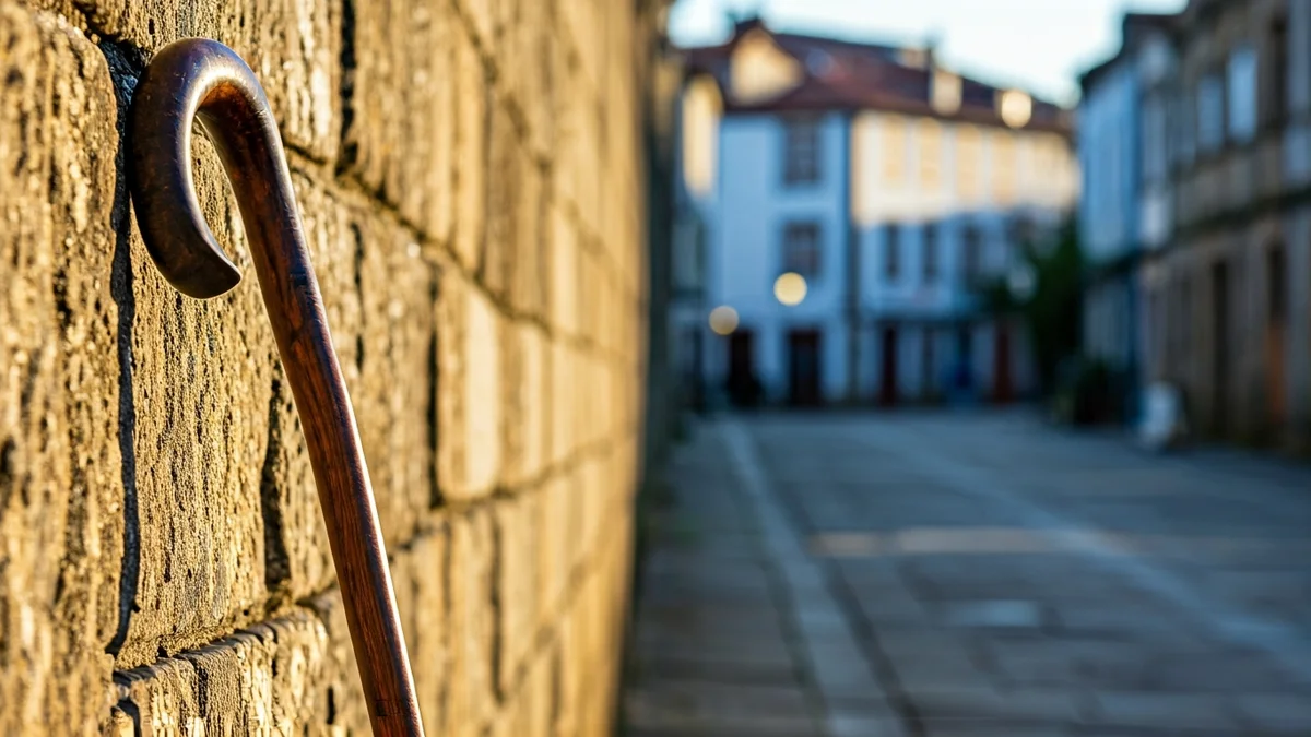 Imaxe xenérica dun bastón de peregrino apoiado nun muro de pedra nunha cidade histórica galega.