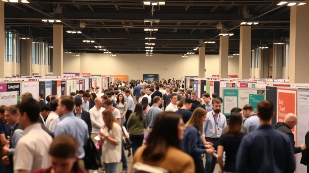Imagen genérica de una feria de empleo universitaria con estudiantes y empresas interactuando.
