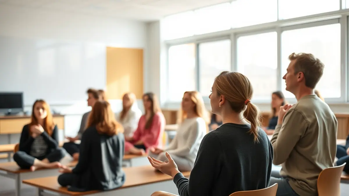 Imagen genérica de un aula con estudiantes practicando mindfulness.