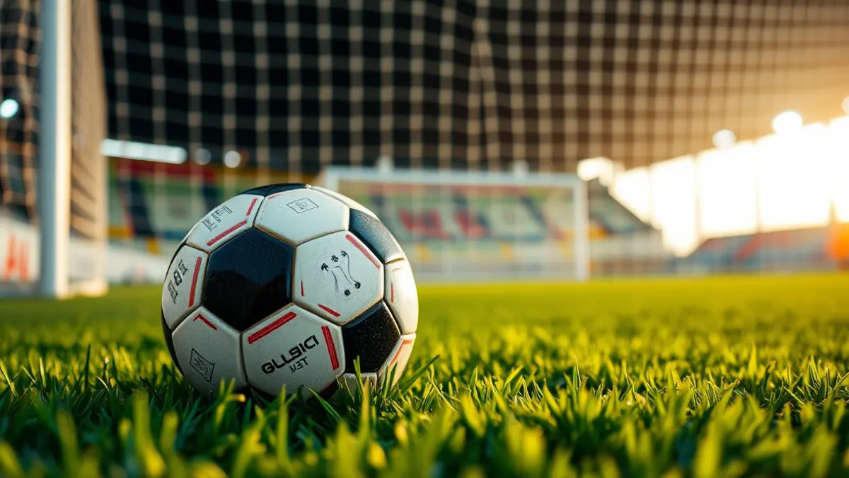 Imaxe xenérica dun balón de fútbol sobre o céspede dun campo.