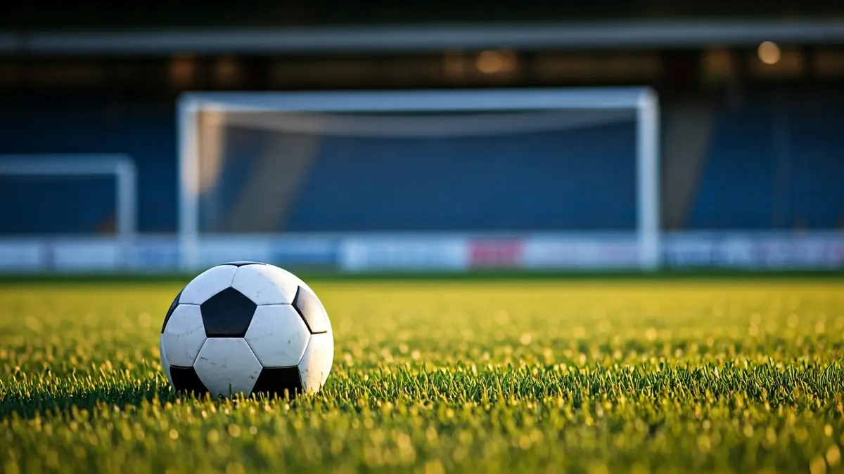 Imagen genérica de un balón de fútbol sobre césped en un campo, con la portería al fondo.
