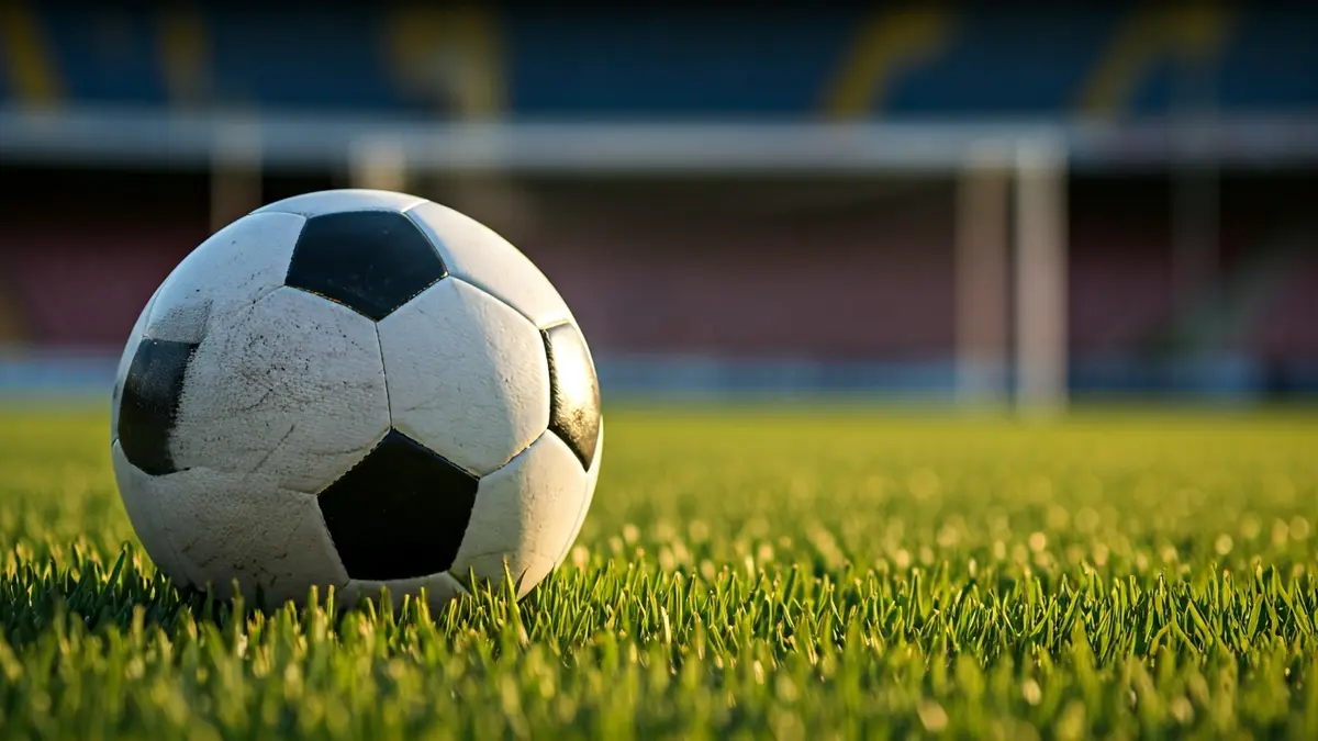 Imaxe xenérica dun balón de fútbol sobre a herba dun campo, coa portería difuminada ao fondo.