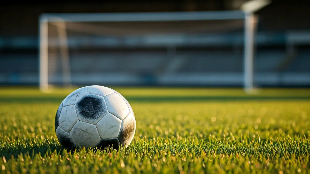 Imaxe xenérica dun balón de fútbol sobre a herba dun campo, coa portería ao fondo.