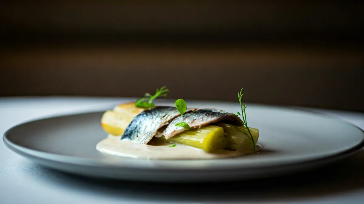 Plato de puerro asado con holandesa de koji y majada de sardina ahumada y avellana.