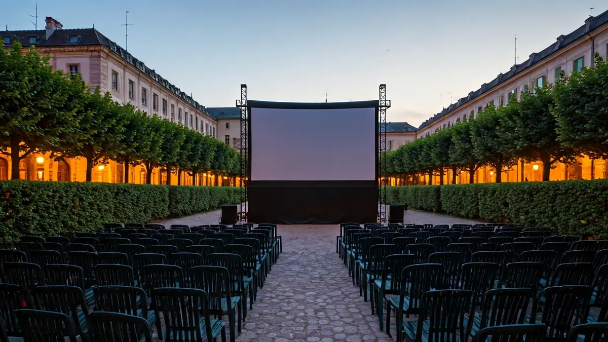 Imagen genérica de una pantalla de cine al aire libre en un jardín al anochecer.
