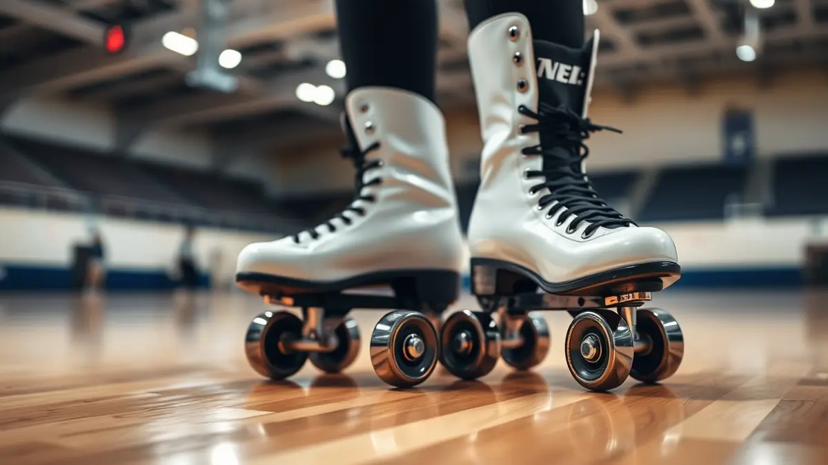 Imaxe xenérica de patíns artísticos sobre unha pista de madeira.