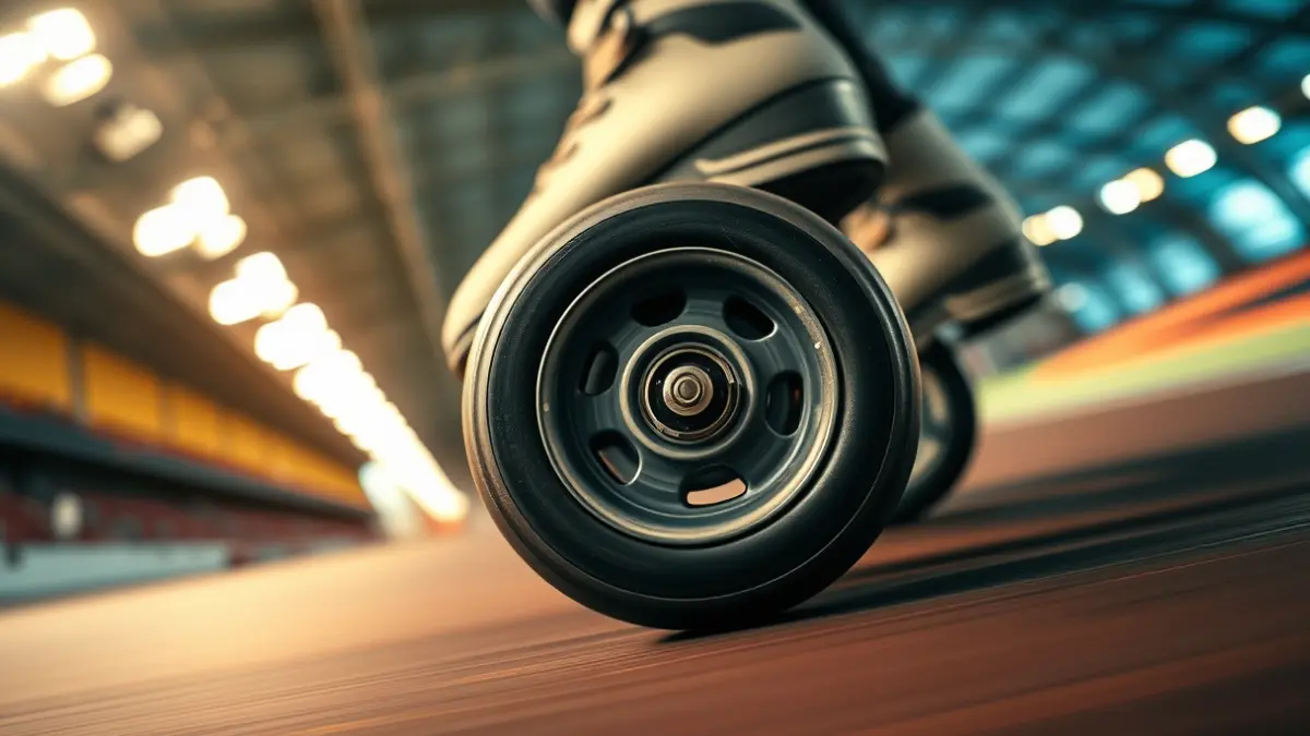 Imaxe xenérica dunha roda de patín sobre unha pista, con fondo borroso dunha pista deportiva.