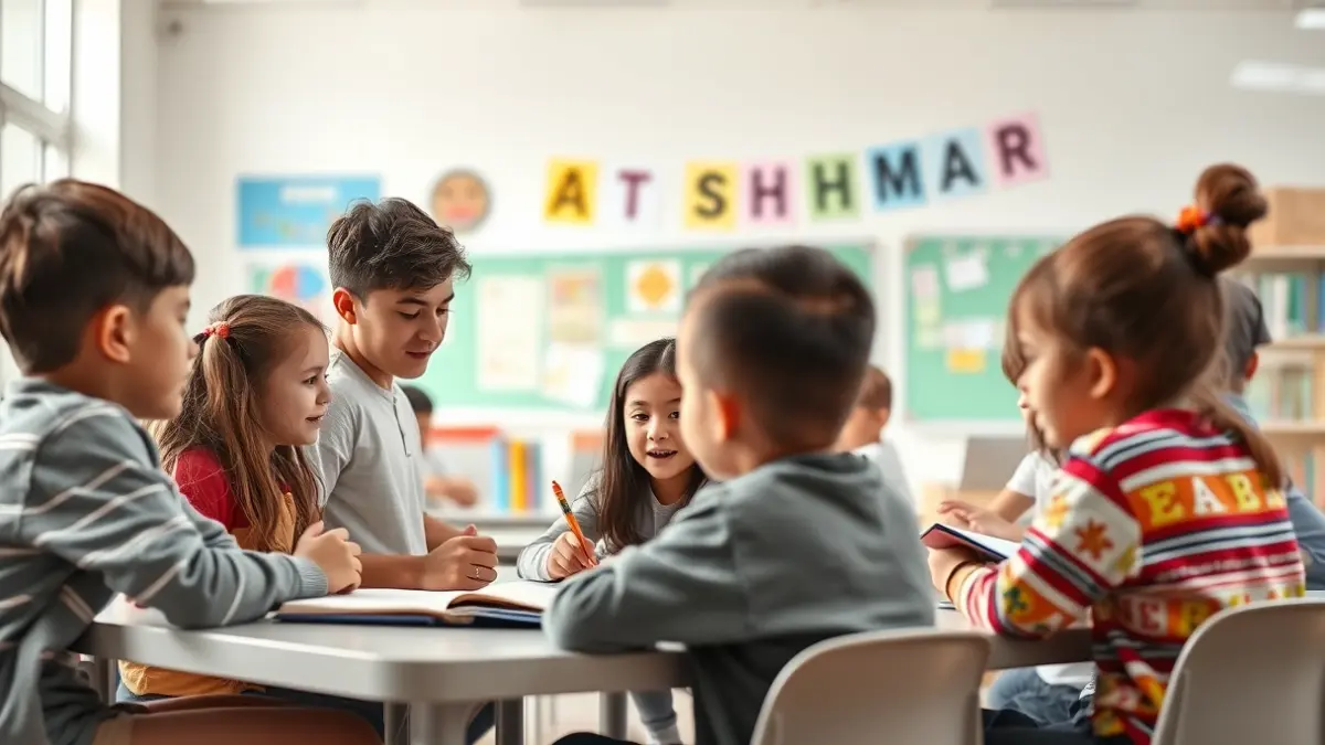 Imaxe xenérica dunha aula escolar moderna con estudantes participando nunha actividade de aprendizaxe de idiomas.