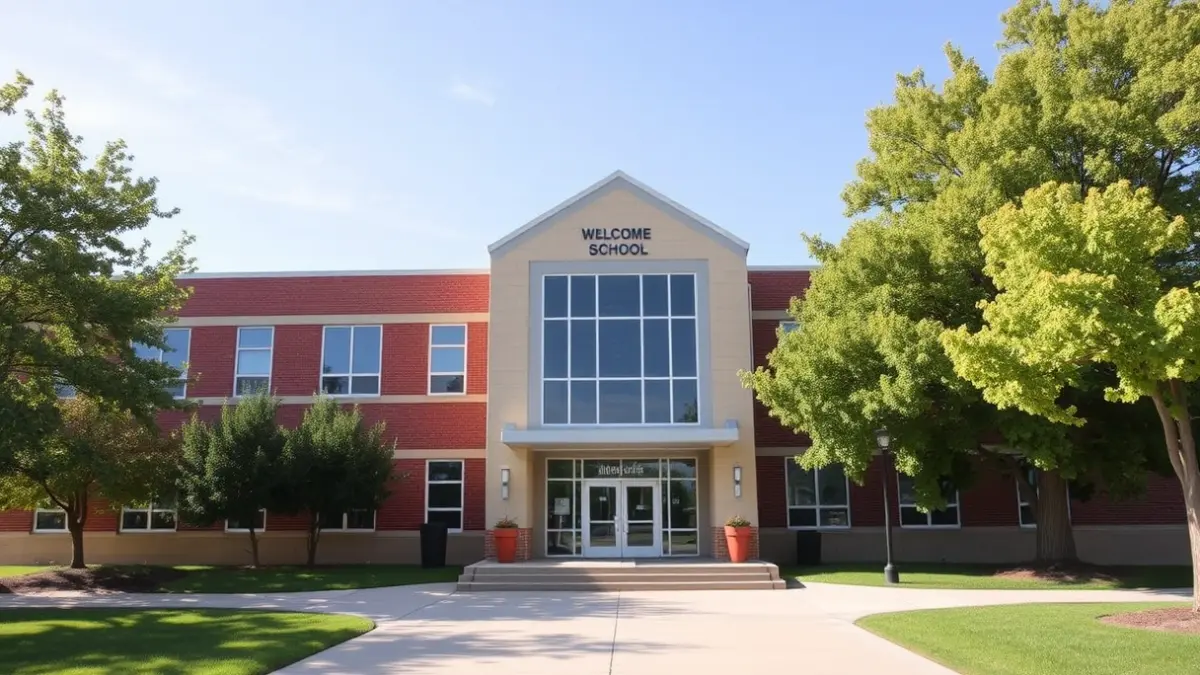 Imaxe dun colexio moderno con grandes ventás e unha entrada acolledora, rodeado de árbores verdes.