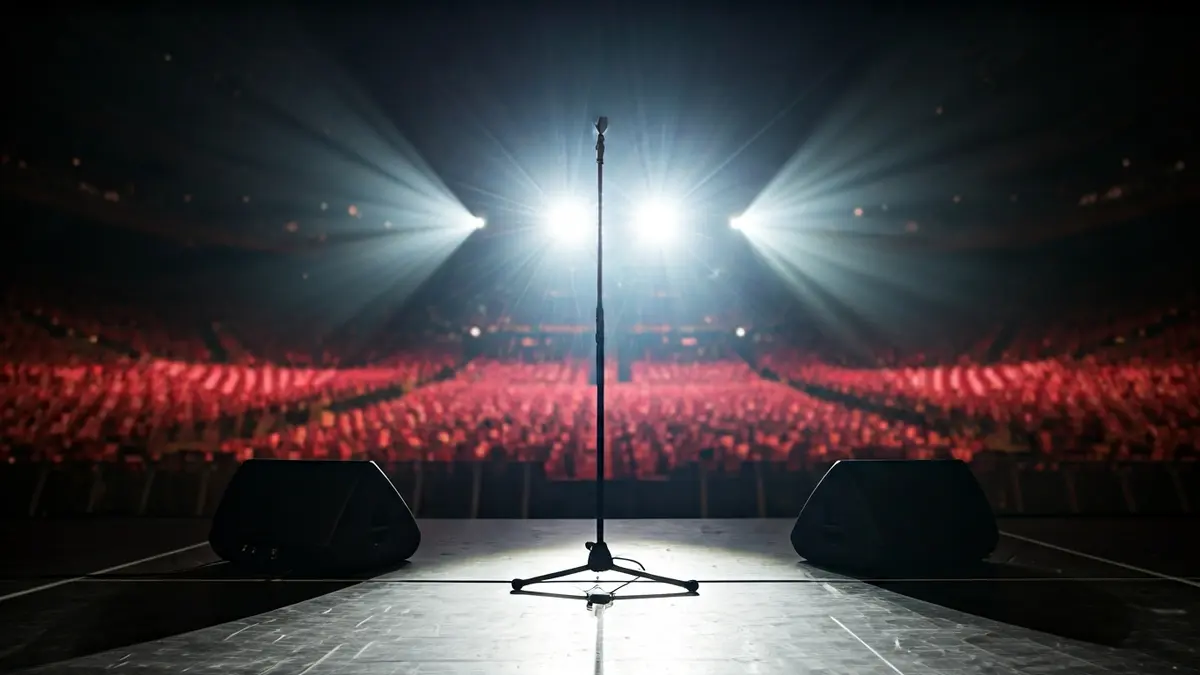 Imaxe xenérica dun escenario de concerto baleiro con focos brillantes.