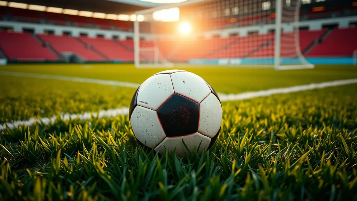 Imaxe xenérica dun balón de fútbol sobre o céspede dun campo.