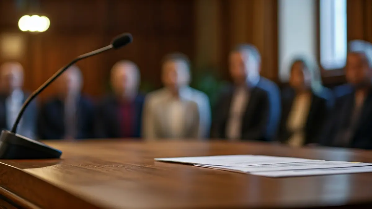 Imagen genérica de una mesa de reuniones con papeles y un micrófono.