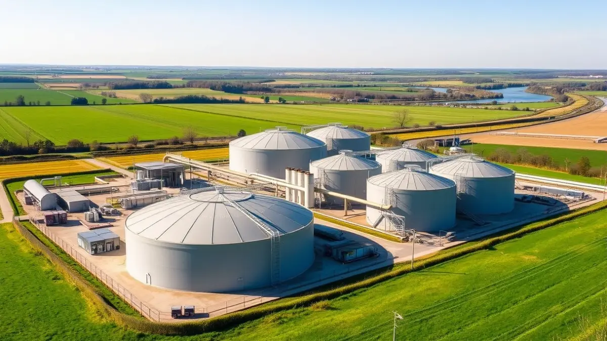 Imaxe dunha planta de biogás nunha contorna rural galega.