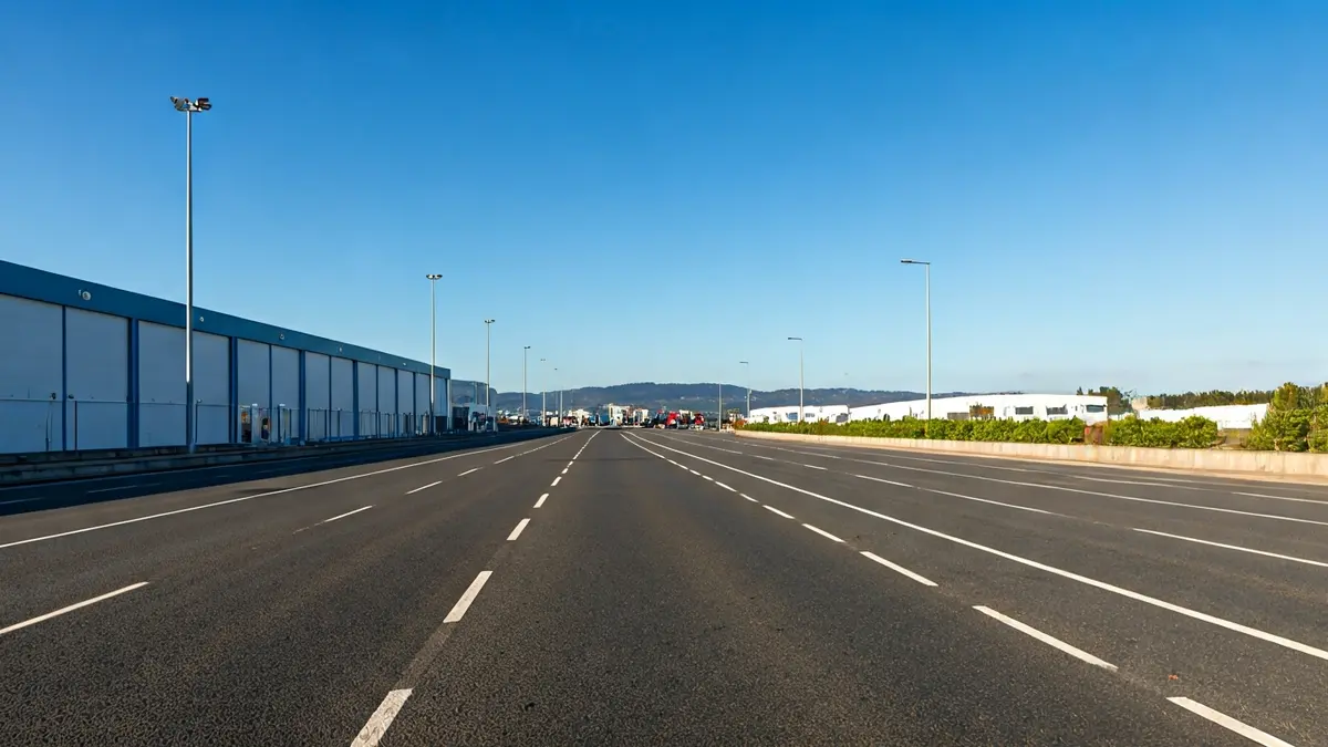 Imaxe xenérica dunha estrada nun polígono industrial, con espazo para vehículos pesados.