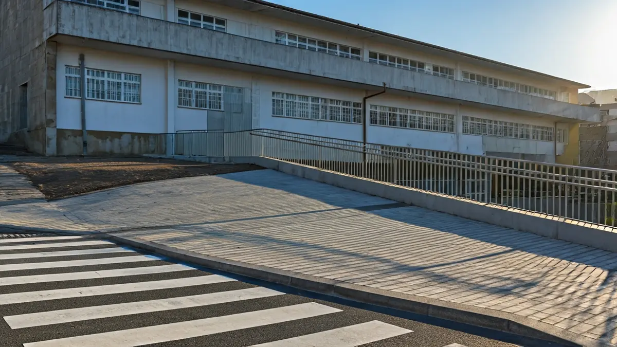 Imaxe dun paso de peóns elevado e beirarrúa ampliada fronte a un centro escolar en Lugo.