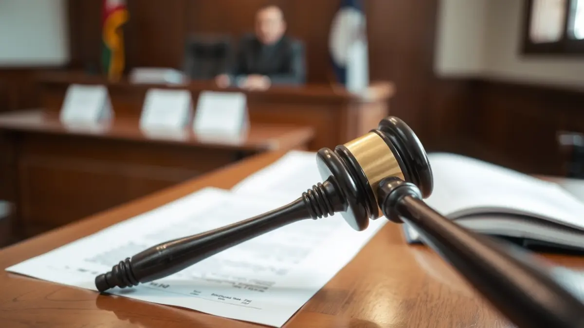 Imaxe xenérica dun mazo de xuíz sobre unha mesa de madeira nun xulgado.