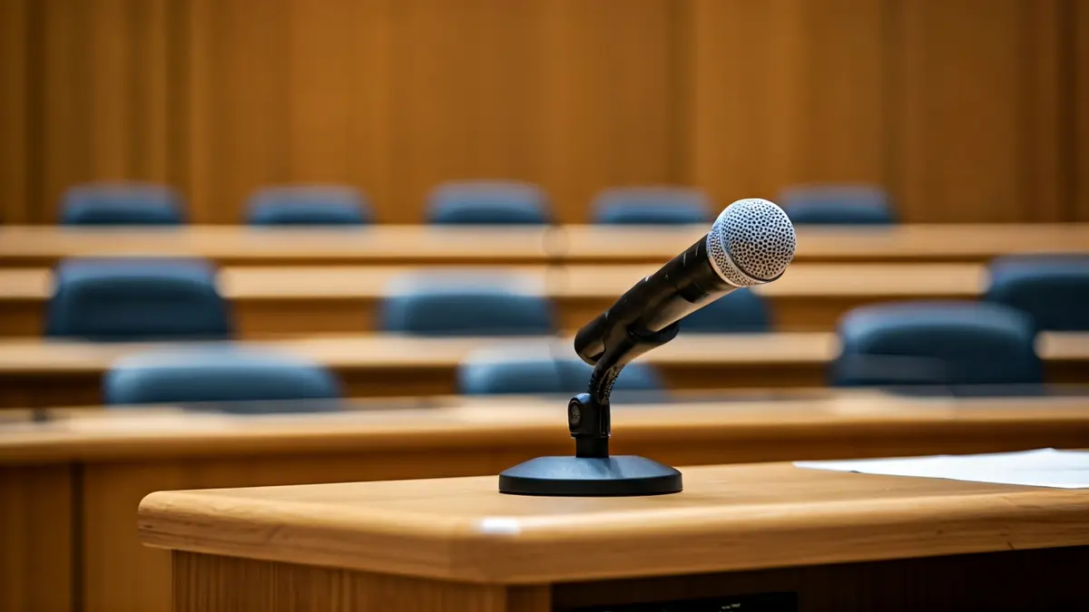 Imaxe xenérica dun micrófono nun podio nunha sala de plenos baleira.