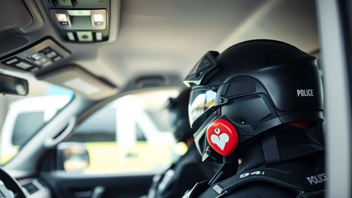 Imaxe do interior dun vehículo policial con equipamento táctico e médico.