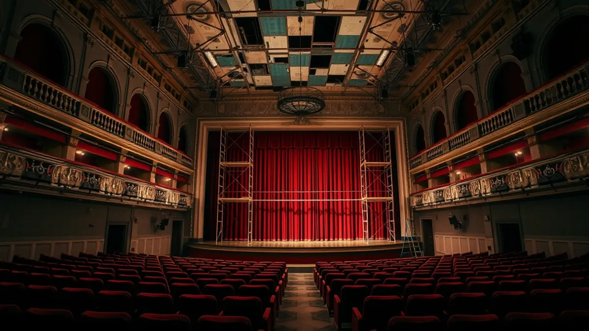 Interior do Teatro Principal de Pontevedra con andamios no teito e asentos baleiros.