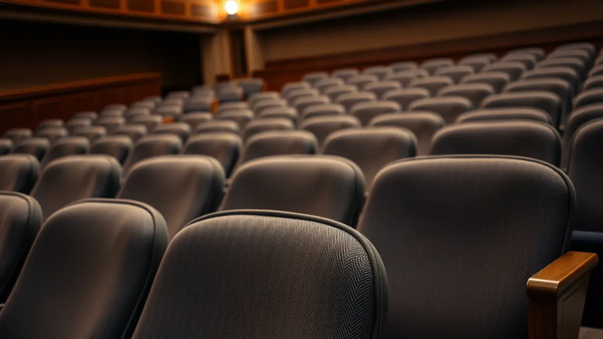 Imaxe das butacas antigas dun teatro, baleiras e en penumbra.