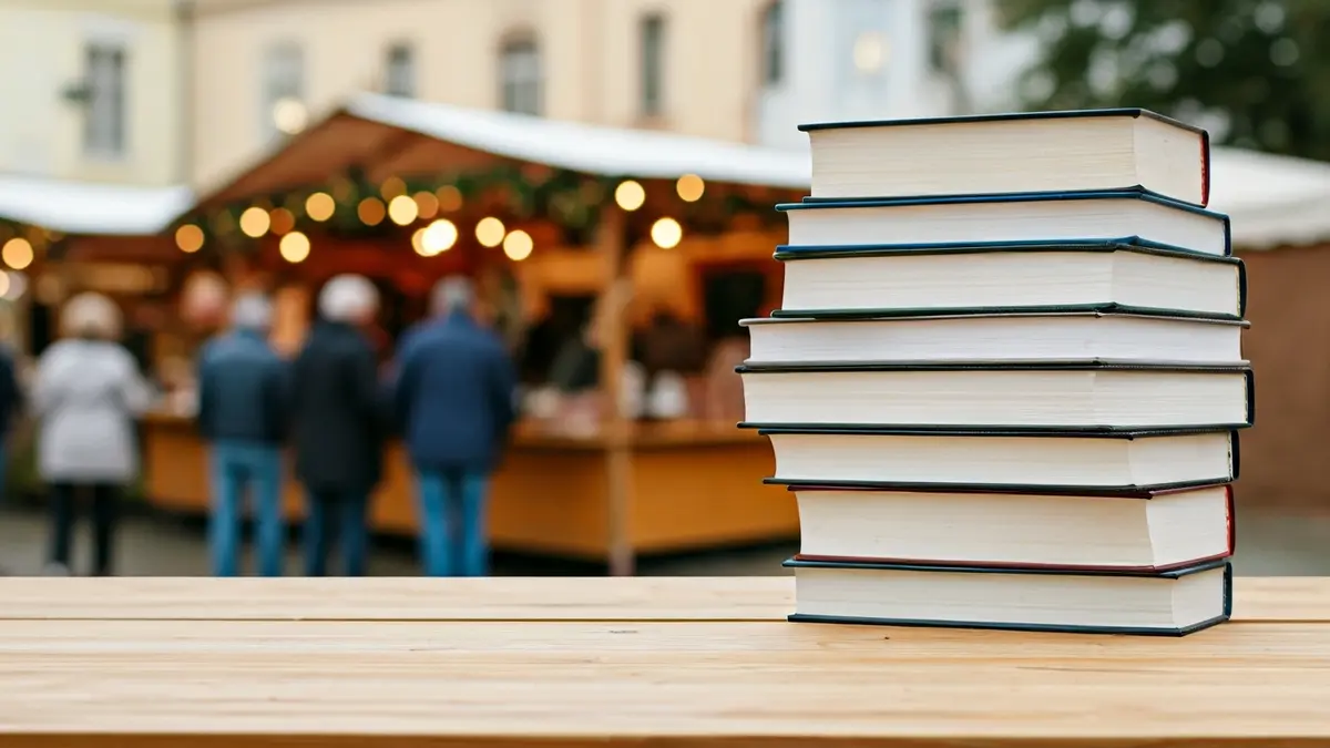 Imaxe xenérica de libros nunha mesa nun mercado.