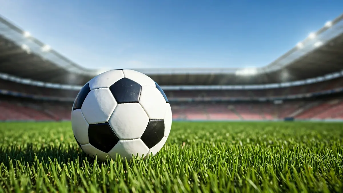 Imaxe xenérica dun balón de fútbol sobre o céspede dun estadio.