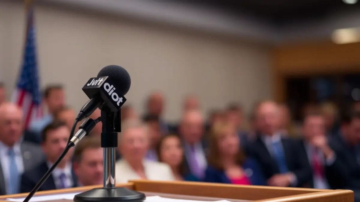Imaxe xenérica dun micrófono nun atril, simbolizando unha declaración pública.