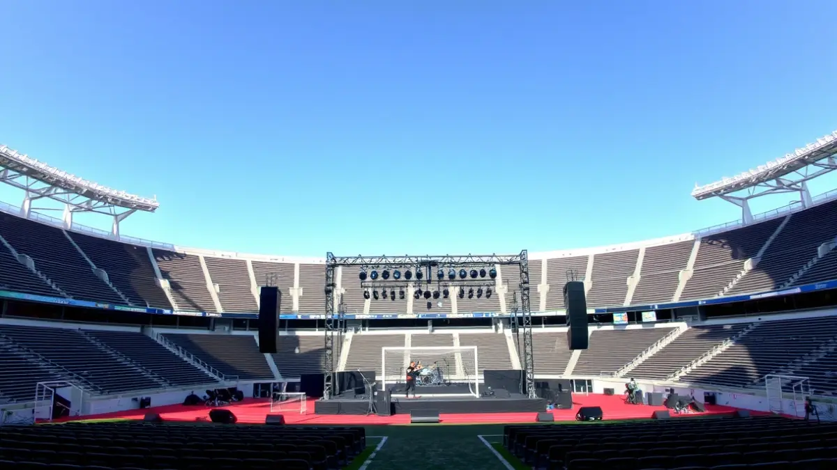 Imagen de un estadio vacío con el escenario de un concierto, simbolizando el cambio de lugar.