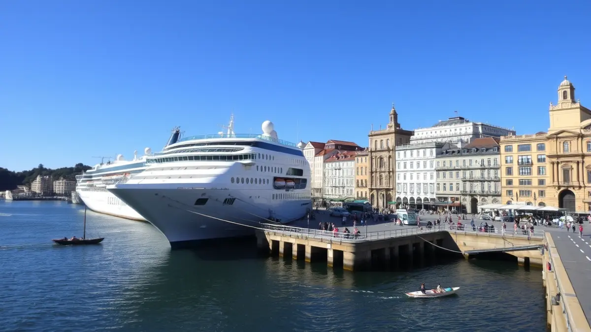 Imaxe dun cruceiro atracado no porto de Vigo, con edificios históricos ao fondo.