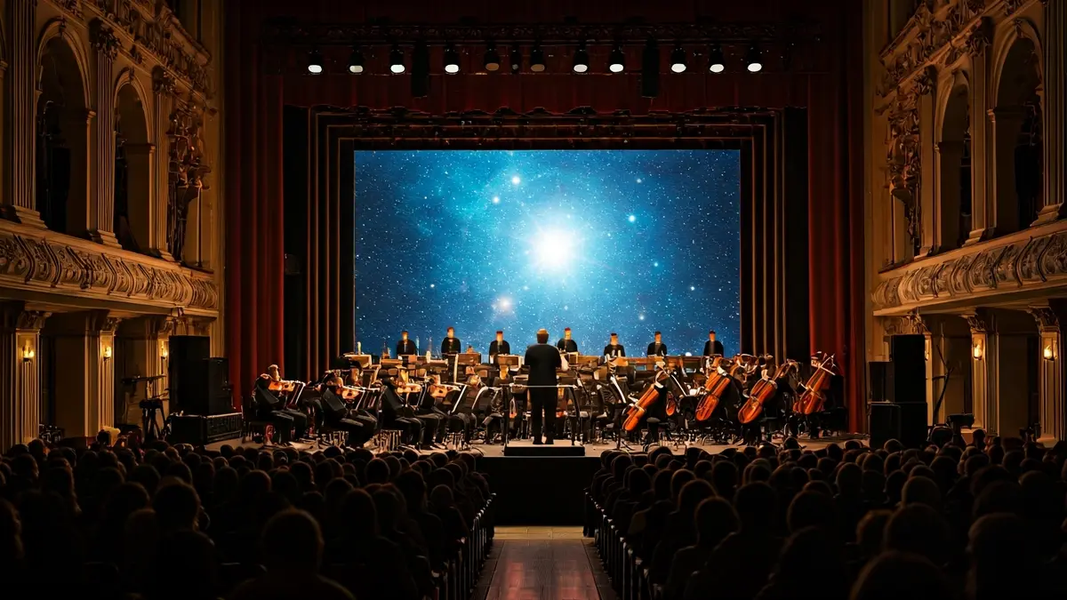 Imaxe xenérica dunha orquestra tocando cunha pantalla xigante proxectando imaxes astronómicas.