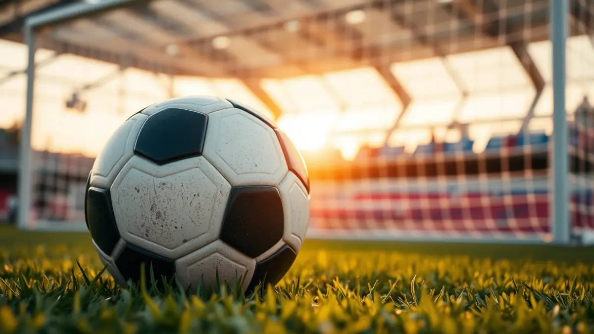 Imaxe xenérica dun balón de fútbol sobre o céspede dun campo.