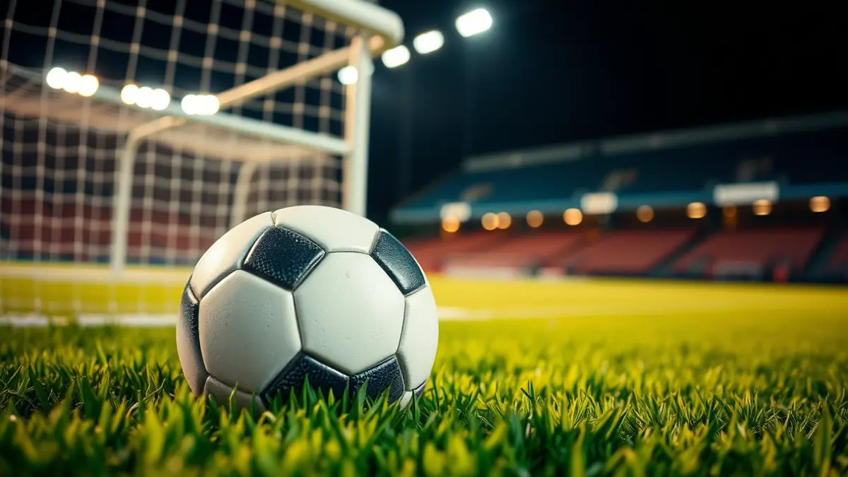 Imaxe xenérica dun balón de fútbol sobre o céspede dun estadio.