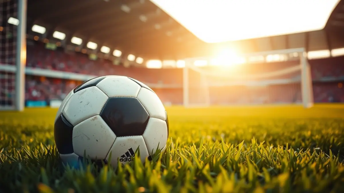 Imaxe xenérica dun balón de fútbol sobre o céspede dun estadio.