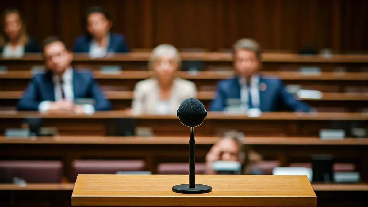 Imaxe xenérica dun micrófono nun podio nun parlamento, simbolizando un debate político.