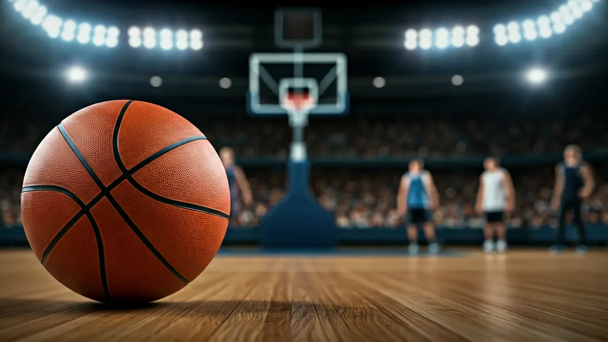 Imaxe xenérica dun balón de baloncesto nunha cancha de madeira.