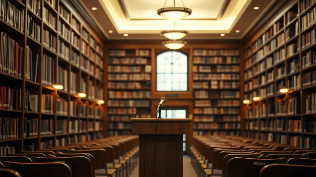 Imagen genérica de una biblioteca con estanterías de madera y un micrófono en un podio.