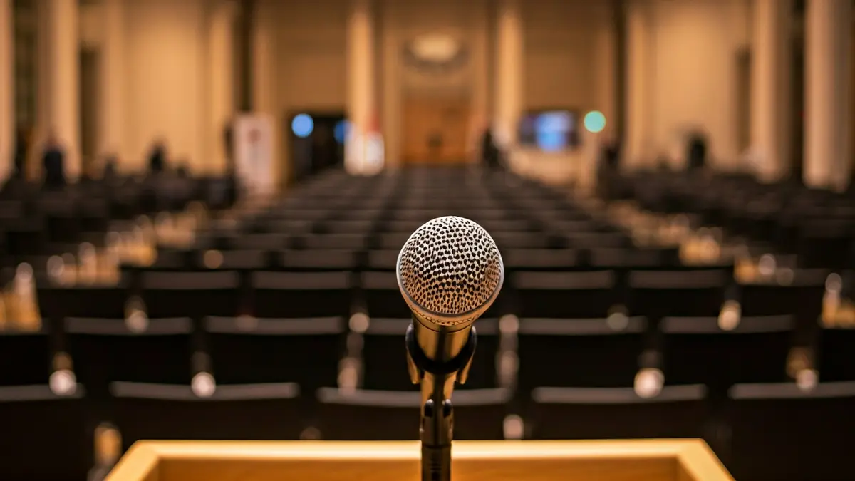 Imaxe xenérica dun micrófono nun podio nunha sala de exames ou evento público.