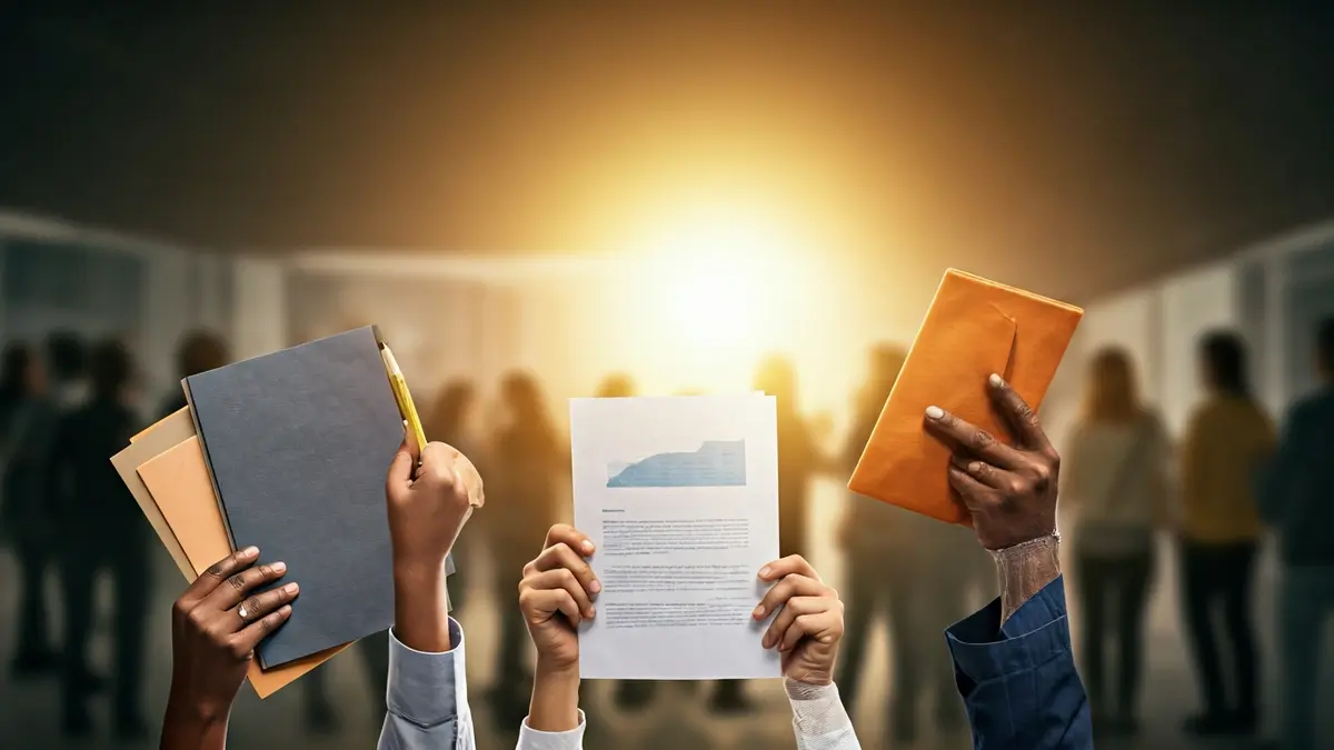 Imaxe xenérica de mans diversas sostendo ferramentas e documentos, representando a forza laboral.