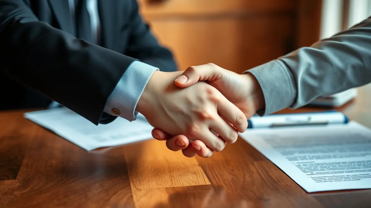Imaxe xenérica de dúas mans estreitándose sobre un escritorio con papeis borrosos.