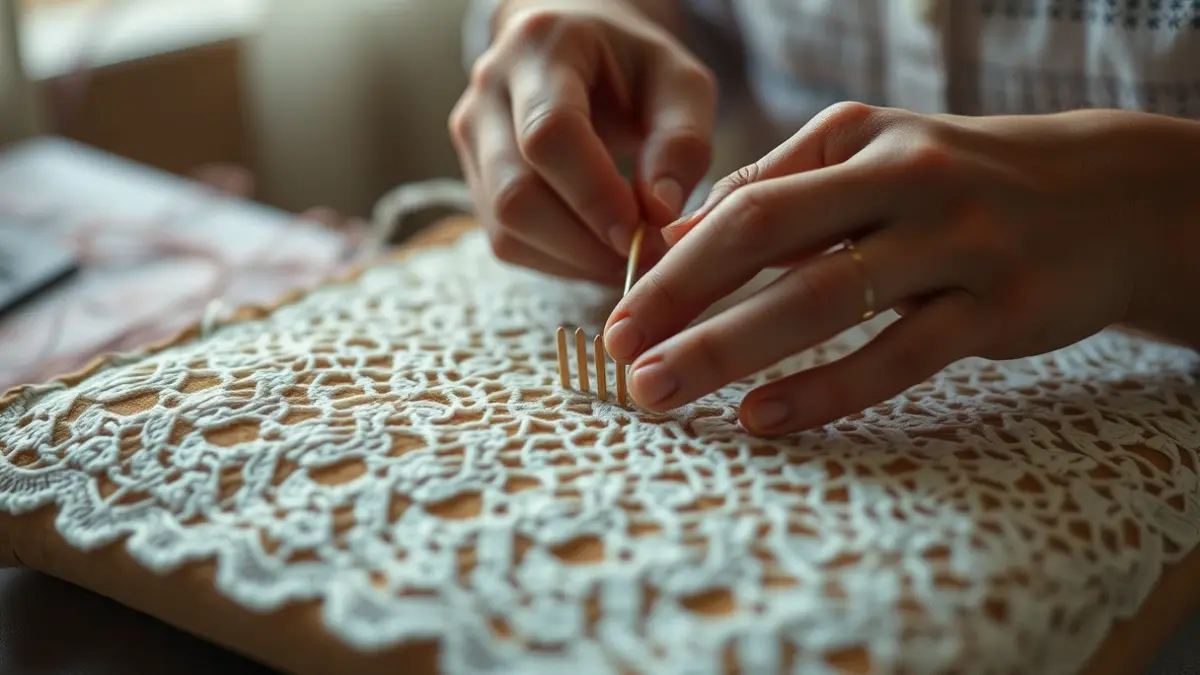 Imaxe xenérica de mans traballando con bolillos e fíos nunha almofada de encaixe.