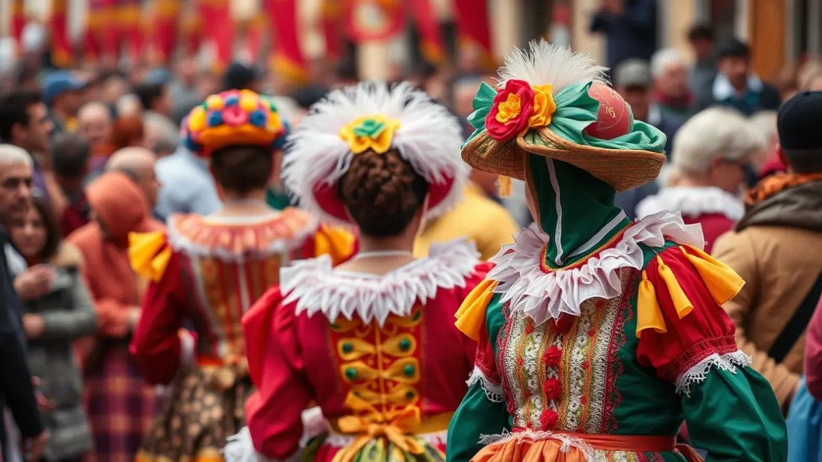 Imagen del Entroido de Cobres, destacando sus trajes tradicionales y la atmósfera festiva.