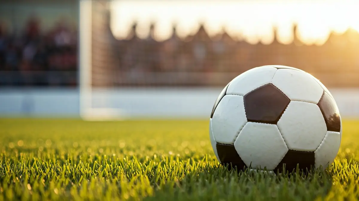 Imaxe xenérica dun balón de fútbol sobre herba, cunha portería ao fondo.