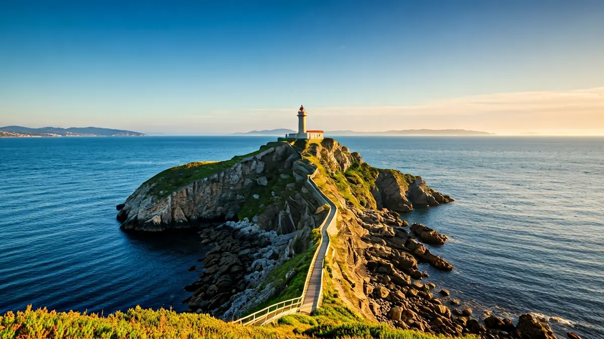 Faro de la Illa Pancha en Ribadeo, destacando en la costa gallega.